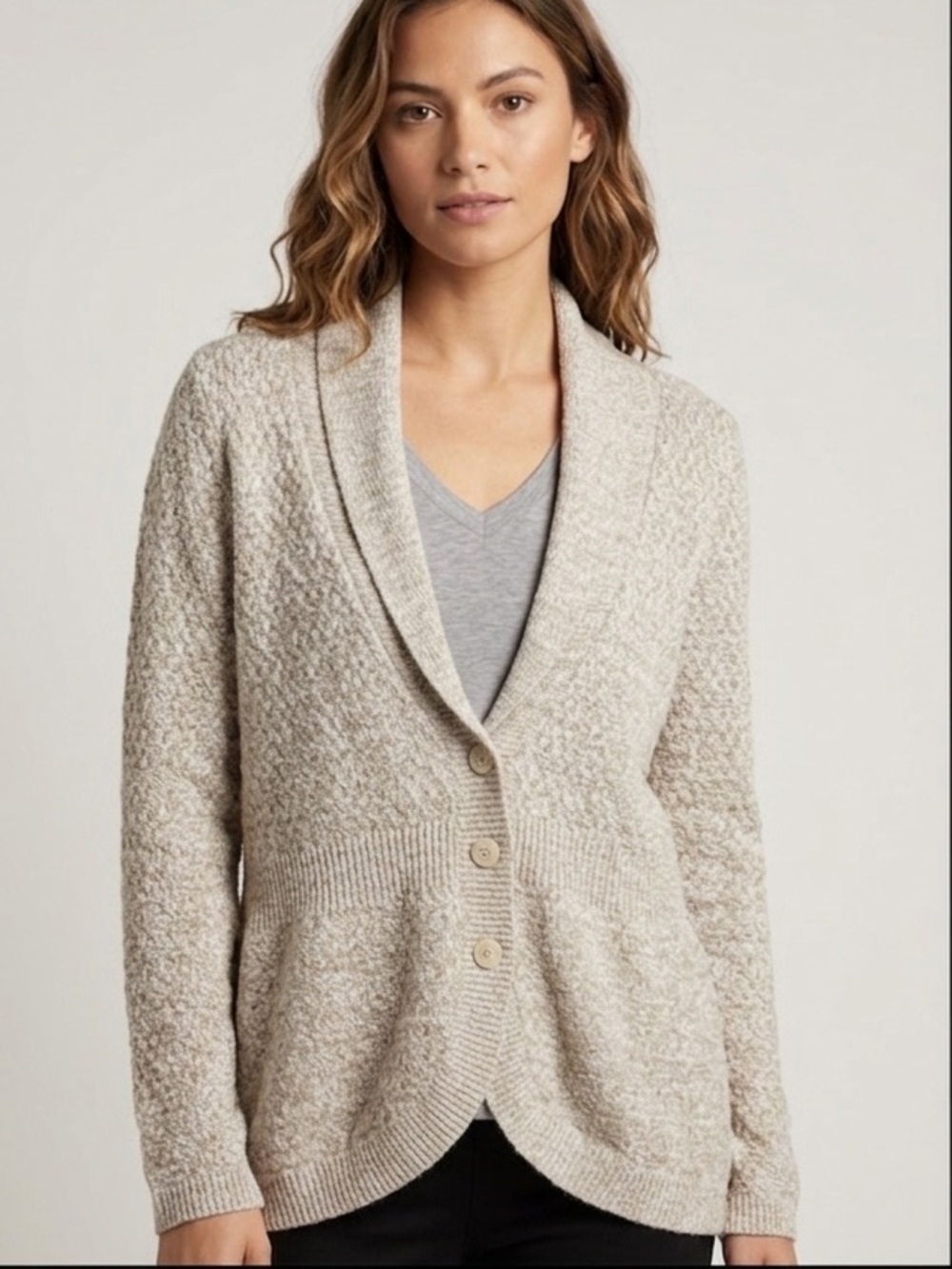 Laura Scott Petite Medium Tan & White Weave V-Neck Cardigan